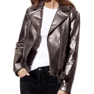 Mackage x Aritzia Metallic Gray Lamb Leather Moto Biker Jacket Small Chic Edgy